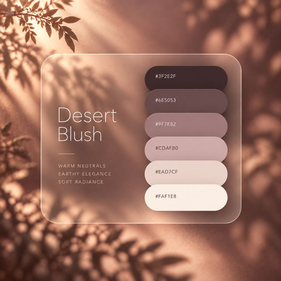 Desert Blush のカラーパレット。#3F2E2F、#6E5053、#9F7E82、#CDAFB0、#EAD7CF、#FAF1E8 の6色